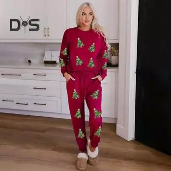 2 шт./компл. женский осенне-зимний комплект Рождественская елка Снеговик Санта-принт с блестками и круглым вырезом с длинным рукавом Топ с эластичной резинкой на талии Брюки Набор Новогодняя праздничная вечеринка L зелёный