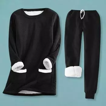 2 шт./компл., женский осенне-зимний пижамный комплект, толстовка с длинными рукавами и круглым вырезом, эластичный шнурок на талии, карманы, брюки, комплект домашней одежды с флисовой подкладкой 2XL синий