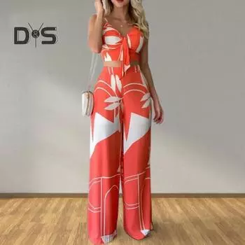 2 шт./компл. женский отпускной наряд с V-образным вырезом и открытой спиной, камзол без рукавов, высокая талия, широкие брюки с принтом, комплект пляжного укороченного топа, брюки, комплект курортной одежды L оранжевый