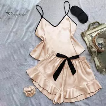2 шт./компл., женский пижамный комплект, атласные бретельки, без рукавов, с открытой спиной, с V-образным вырезом, топ с эластичной резинкой на талии, с рюшами, плиссированные шорты с бантом, комплект домашней одежды, одежда для сна S чёрный