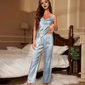 2 шт./компл. женский пижамный комплект из ледяного шелка с V-образным вырезом без рукавов с эластичной резинкой на талии, дышащая домашняя одежда, жилет и брюки, комплект женской одежды для сна, летняя домашняя одежда, топ L чёрный