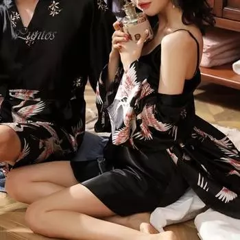 2 шт./компл., женский пижамный комплект из ледяного шелка, атласный принт, V-образный вырез, свободная ночная рубашка на бретельках, ночная рубашка с половиной рукавов, ночная рубашка на шнуровке на талии, женская одежда для сна M темно-синий