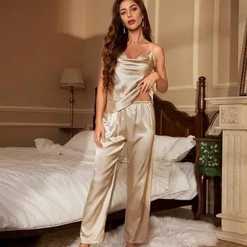 2 шт./компл. женский пижамный комплект из ледяного шелка с v-образным вырезом без рукавов с эластичной резинкой на талии, дышащая домашняя одежда, жилет и брюки, комплект женской одежды для сна S