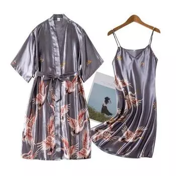2 шт./компл., женский пижамный комплект из ледяного шелка, атласный принт, V-образный вырез, свободная ночная рубашка на бретельках, ночная рубашка с половиной рукавов, ночная рубашка на шнуровке на талии, женская одежда для сна 3XL вино красного