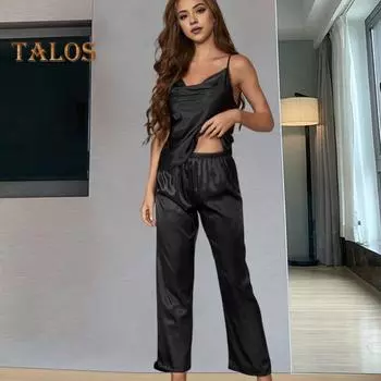 2 шт./компл., женский пижамный комплект, ледяной шелк, V-образный вырез, без рукавов, эластичная талия, дышащая домашняя одежда, жилет, брюки, комплект, женская одежда для сна, летняя одежда для дома, верхние брюки L чёрный