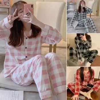 2 шт./компл., женский пижамный комплект на весну и лето, клетчатый принт с лацканами и длинными рукавами, свободный однобортный широкий комплект домашней одежды, рубашка и брюки, комплект одежды для сна M розовый
