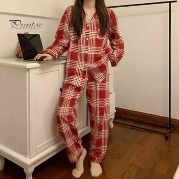 2 шт./компл., женский пижамный комплект на весну и лето, клетчатый принт с лацканами и длинными рукавами, свободный однобортный широкий комплект домашней одежды, рубашка и брюки, комплект одежды для сна M синий