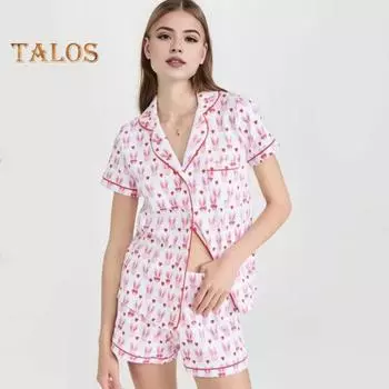 2 шт./компл. женский пижамный комплект с принтом кролика, однобортная футболка с лацканами и короткими рукавами, шорты с эластичной резинкой на талии, женская домашняя одежда, комплект одежды для сна, домашняя одежда M зелёный