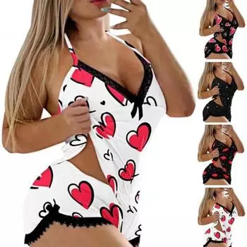 2 шт./компл. женский пижамный комплект с принтом сердца, V-образным вырезом, кружевом, без рукавов, с открытой спиной, на бретельках, мягкий S чёрный