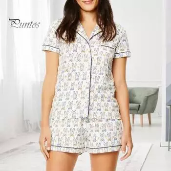 2 шт./компл. женский пижамный комплект с принтом кролика, однобортная футболка с лацканами и короткими рукавами, шорты с эластичной резинкой на талии, женская домашняя одежда, комплект одежды для сна, домашняя одежда M зелёный