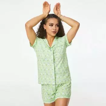 2 шт./компл. женский пижамный комплект с принтом кролика, однобортная футболка с лацканами и короткими рукавами, шорты с эластичной резинкой на талии, женская домашняя одежда, комплект одежды для сна, домашняя одежда M зелёный