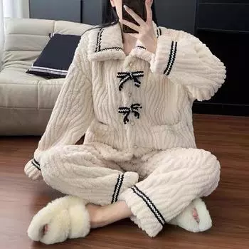 2 шт./компл. женский пижамный комплект с лацканами, длинными рукавами, бантом, декором, топами и длинными брюками M бежевый