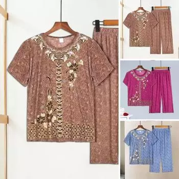 2 шт./компл. женский пижамный комплект среднего возраста с круглым вырезом и вышивкой, с коротким рукавом, большие размеры, эластичная талия, плиссированные 2XL хаки