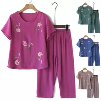 2 шт./компл. Женский пижамный комплект среднего возраста с круглым вырезом и цветочным принтом, с короткими рукавами, эластичной резинкой на талии, плиссированные 3XL верблюд