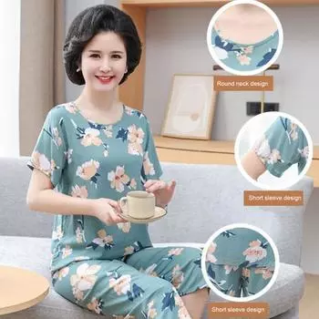 2 шт./компл., женский пижамный комплект среднего возраста, с круглым вырезом, с цветочным принтом, с коротким рукавом, с эластичной резинкой на талии, плиссированные, свободные, тонкие, с широкими штанинами, мягкая одежда для сна XL светло-зеленый