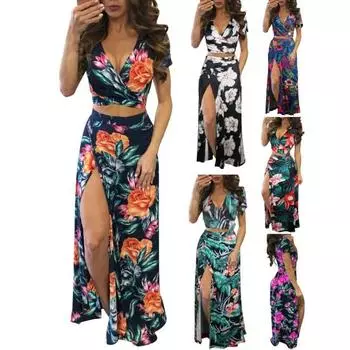 2 шт./компл. женский пляжный топ с цветочным принтом, короткими рукавами, V-образным вырезом, высокой талией и разрезом подол S розы красного