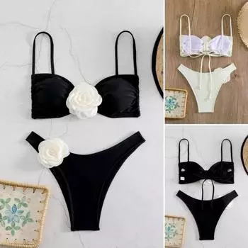 2 шт./компл. женский сексуальный бюстгальтер с высокой трубкой и 3D цветочным принтом на слинге бикини, комплект сверху, трусы-бандо на талии S чёрный