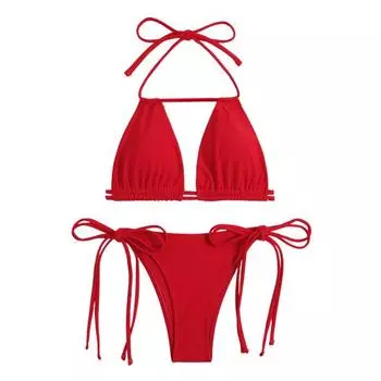 2 шт./компл., женский сексуальный комплект бикини, бюстгальтер без рукавов с лямкой на шее, высокая талия, трусы для плавания на шнуровке, комплект, одноцветная пляжная одежда с разделенным дизайном S