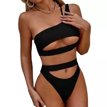 2 шт./компл. женский сексуальный комплект бикини на одно плечо полый бюстгальтер на бретельках с высокой талией плавки-трусы комплект одноцветный купальник пляжная одежда M