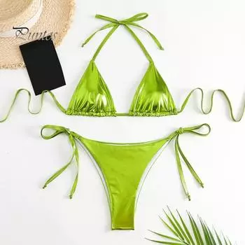 2 шт./компл. женский сексуальный комплект бикини с бронзовой поверхностью, бюстгальтер с лямкой на шее, трусы на шнуровке, быстросохнущий купальник, пляжная одежда M флуоресцентный зеленый