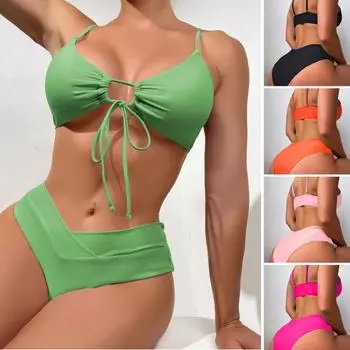 2 шт./компл. женский сексуальный комплект бикини с подкладкой на шнуровке, бюстгальтер с высокой талией, трусы с высокой талией, однотонный купальник с раздельным дизайном XL розы красного