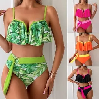2 шт./компл. женский сексуальный комплект бикини с v-образным вырезом на бретелях, бюстгальтер с рюшами по подолу, бюстгальтер с высокой талией и лентой, трусы для плавания, комплект пэчворк, цветной разделенный дизайн, пляжная одежда S оранжевый
