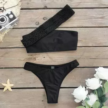 2 шт./компл. женский сексуальный комплект бикини плетеный веревочный ремень на одно плечо бюстгальтер-бандо с высокой талией плавки для плавания L зелёный