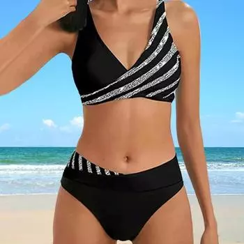 2 шт./компл. женский сексуальный комплект бикини контрастного цвета в полоску с принтом мягкий бюстгальтер с высокой талией трусы комплект Push S чёрный