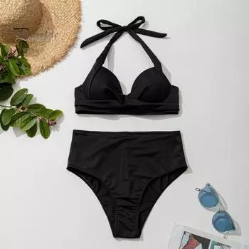 2 шт./компл. женский сексуальный комплект бикини с лямкой на шее, однотонный бюстгальтер с принтом листьев, высокая талия, плавки, комплект, быстросохнущий купальник, пляжная одежда S