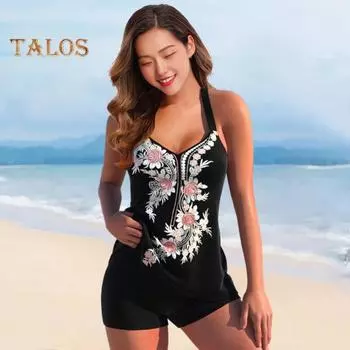 2 шт./компл., женский сексуальный комплект танкини, ретро-принт, топы на бретелях с v-образным вырезом и высокой талией, комплект для плавания, купальный костюм, пляжная одежда XL чёрный