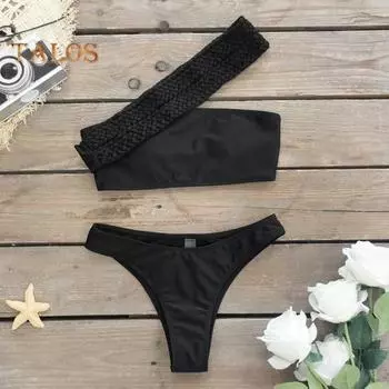 2 шт./компл. женский сексуальный комплект бикини с плетеным веревочным ремнем на одно плечо, бюстгальтер-бандо, трусы для плавания с высокой талией, комплект сплит-дизайна, пляжная одежда L зелёный