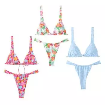 2 шт./компл. женский сексуальный комплект бикини с цветочным принтом, бюстгальтер с v-образным вырезом, трусы с высокой талией, быстросохнущий купальник, двусторонний пляжная одежда S светло-синий