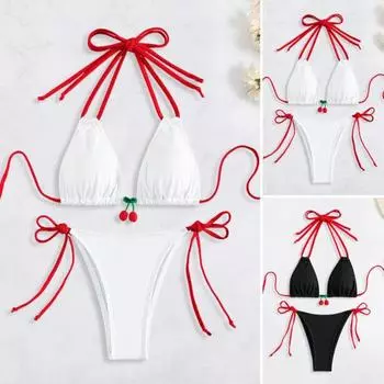 2 шт./компл. женский сексуальный комплект бикини с лямкой на шее вишневый декор мягкий бюстгальтер с ремешками низ лоскутное цветная пляжная одежда быстросохнущий купальный костюм S чёрный