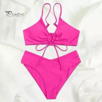 2 шт./компл. женский сексуальный комплект бикини с подкладкой на шнуровке, бюстгальтер с высокой талией, трусы с высокой талией, однотонный купальник с раздельным дизайном XL розы красного