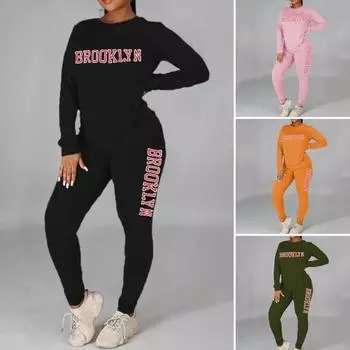 2 шт./компл. женский спортивный костюм с буквенным принтом и эластичной резинкой на талии, однотонный спортивный пуловер с круглым вырезом и длинными рукавами