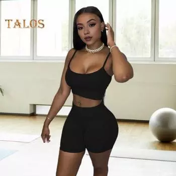2 шт./компл. женский спортивный укороченный топ с шортами, комплект на тонких бретелях, узкий с низкой талией, эластичный сплошной цвет, мягкий дышащий жилет без рукавов для бега в спортзале S хаки