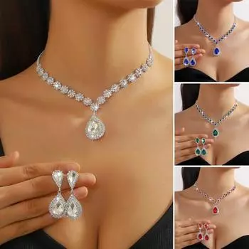 2 шт./компл. женский свадебный комплект ювелирных изделий в форме капли, блестящий колье из искусственного кристалла, ожерелье, висячие серьги, комплект красный