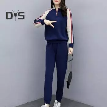 2 шт./компл., женский свитер, брюки, костюм, соответствующий цвету, декор на молнии, воротник-стойка, длинный рукав, эластичная резинка на талии, толстый, теплый, мягкий, женский осенне-зимний спортивный костюм 4XL темно-синий