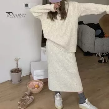 2 шт./компл. женский свитер-юбка костюм вязаный толстый теплый однотонный свободный эластичный длинный рукав с круглым вырезом уютная зимняя юбка свитер комплект серый