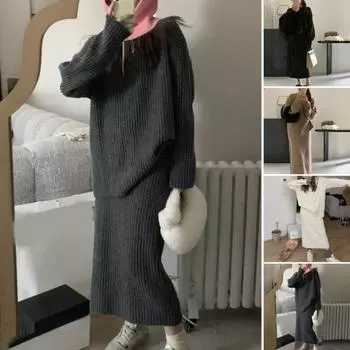 2 шт./компл. женский свитер-юбка костюм вязаный толстый теплый однотонный свободный эластичный длинный рукав с круглым вырезом уютная зимняя юбка свитер комплект чёрный