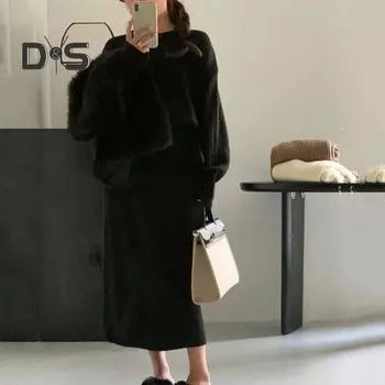 2 шт./компл. женский свитер-юбка костюм вязаный толстый теплый однотонный свободный эластичный длинный рукав с круглым вырезом уютная зимняя юбка свитер комплект чёрный