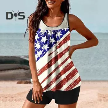 2 шт./компл. женский танкини комплект с принтом в виде американского Дня независимости жилет однотонные шорты для плавания комплект купальники S синий/белый