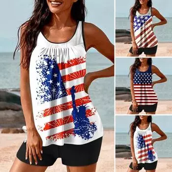 2 шт./компл. женский танкини комплект с принтом в виде американского Дня независимости жилет однотонные шорты для плавания комплект купальники S красный/белый