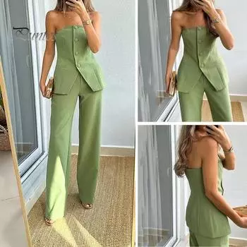 2 шт./компл., женский топ, брючный костюм, карманы без рукавов, бандо, однобортный топ с открытыми плечами, широкие брюки с высокой талией, комплект из двух предметов для поездок на работу XL серый