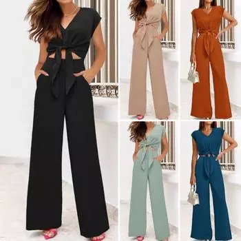 2 шт./компл., женский топ, брючный костюм с V-образным вырезом, на шнуровке, с коротким рукавом, с высокой эластичной талией, с широкими штанинами, прямые свободные повседневные женские топы, комплект брюк L темно-зеленого