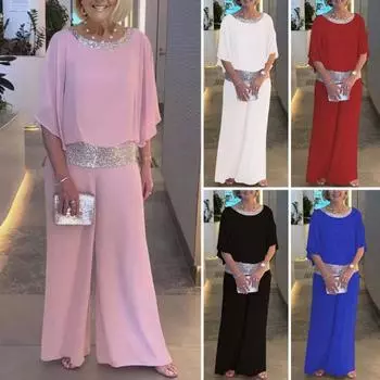 2 шт./компл., женский топ, брючный костюм, блестящие пайетки, рукава «летучая мышь», лоскутное платье с круглым вырезом, свободные широкие брюки, мягкая дышащая повседневная формальная футболка, комплект брюк XL розовый