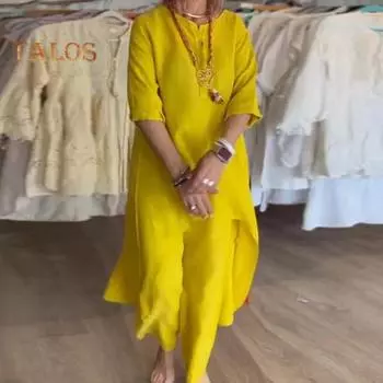2 шт./компл., женский топ, брючный костюм, однотонный однотонный свободный подол с круглым вырезом и длинными рукавами, широкая эластичная резинка на талии, мягкая дышащая повседневная женская футболка M жёлтый