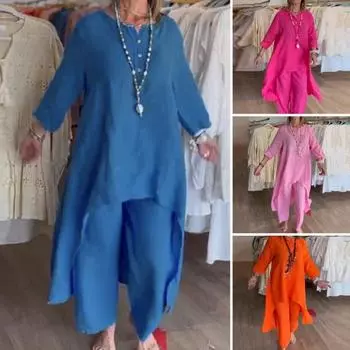 2 шт./компл. женский топ, брючный костюм, нерегулярный подол, однотонный, свободный, с круглым вырезом, длинный M жёлтый