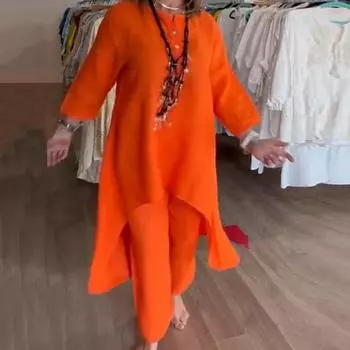 2 шт./компл., женский топ, брючный костюм, неровный подол, однотонный, свободный, с круглым вырезом, с длинными рукавами, с широкими штанинами, эластичной талией, мягкая дышащая повседневная женская футболка M жёлтый