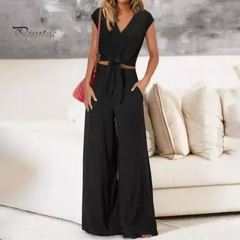 2 шт./компл., женский топ, брючный костюм с V-образным вырезом, на шнуровке, с коротким рукавом, с высокой эластичной талией, с широкими штанинами, прямые свободные повседневные женские топы, комплект брюк XL темно-зеленого